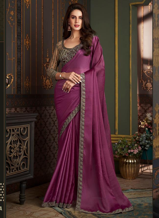 Satin Silk Magenta Party Wear Embroidery Work Saree